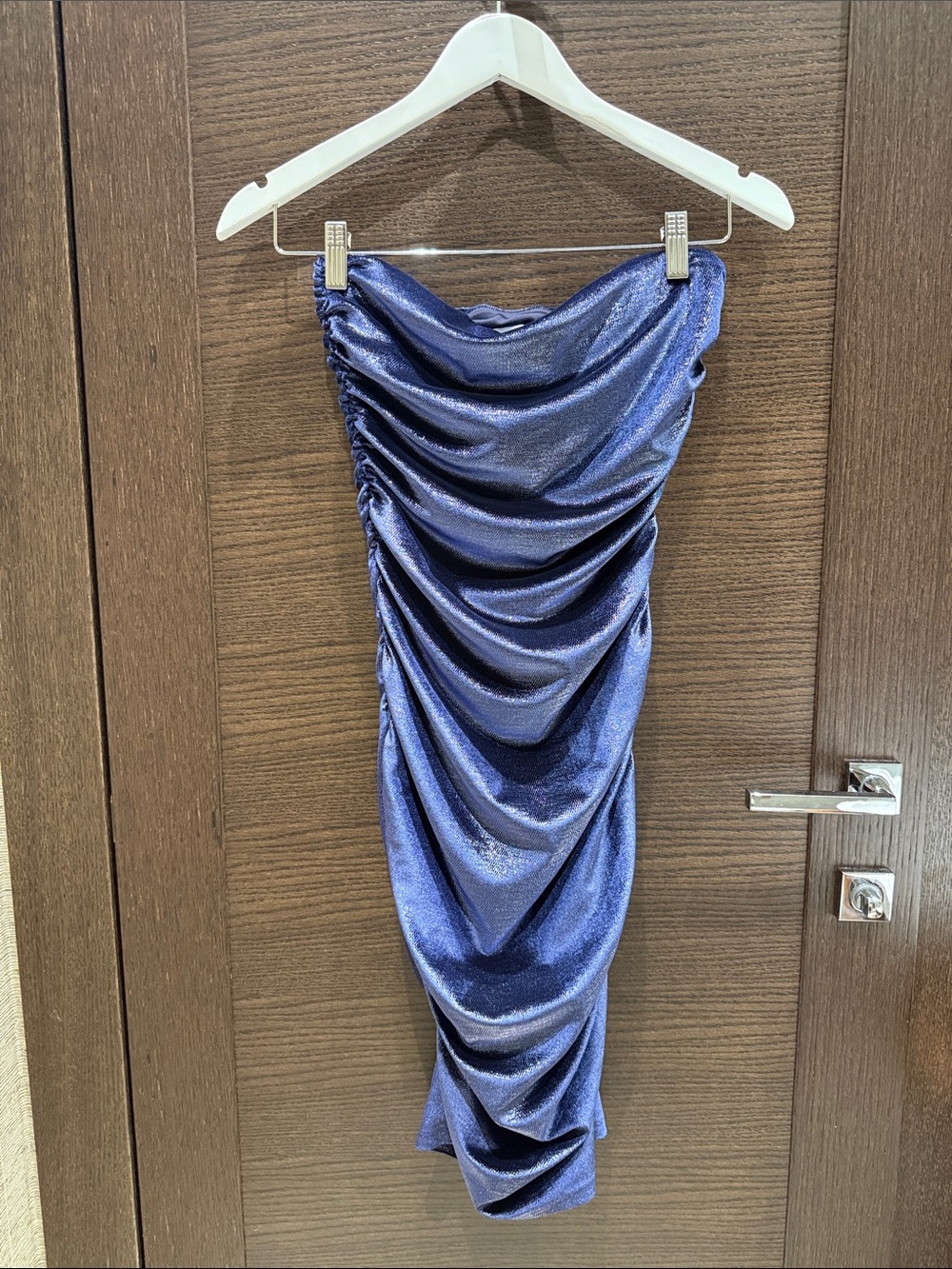 Susana Monaco Shimmery Navy Blue Strapless Ruched Dress